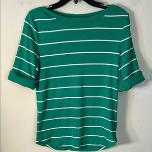 Talbots Green Elbow Sleeve Ribbed Top LAGOON STRIPE Size Large